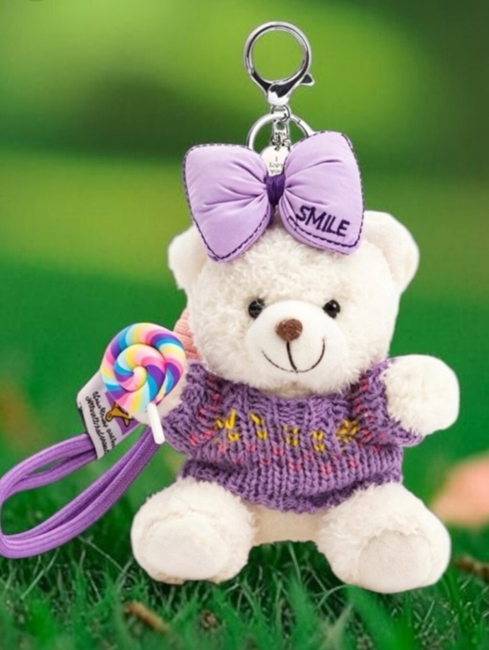 New White Teddy Bag Charm Keychain Purple Bow, Sweater, Sunglasses & Lollipop